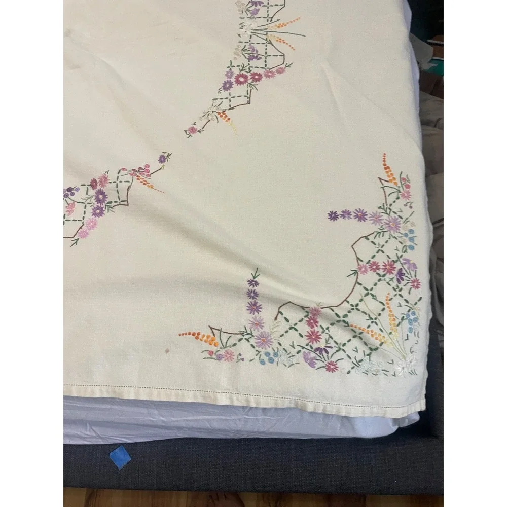 Cross stiched Antique Tablecloth Embroidery Ivory Beige